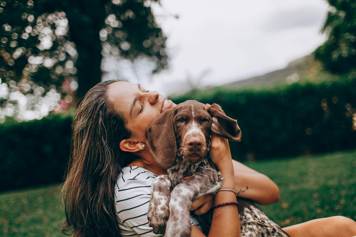 Une femme tient tendrement son chien dans ses bras, moment authentique et chaleureux
