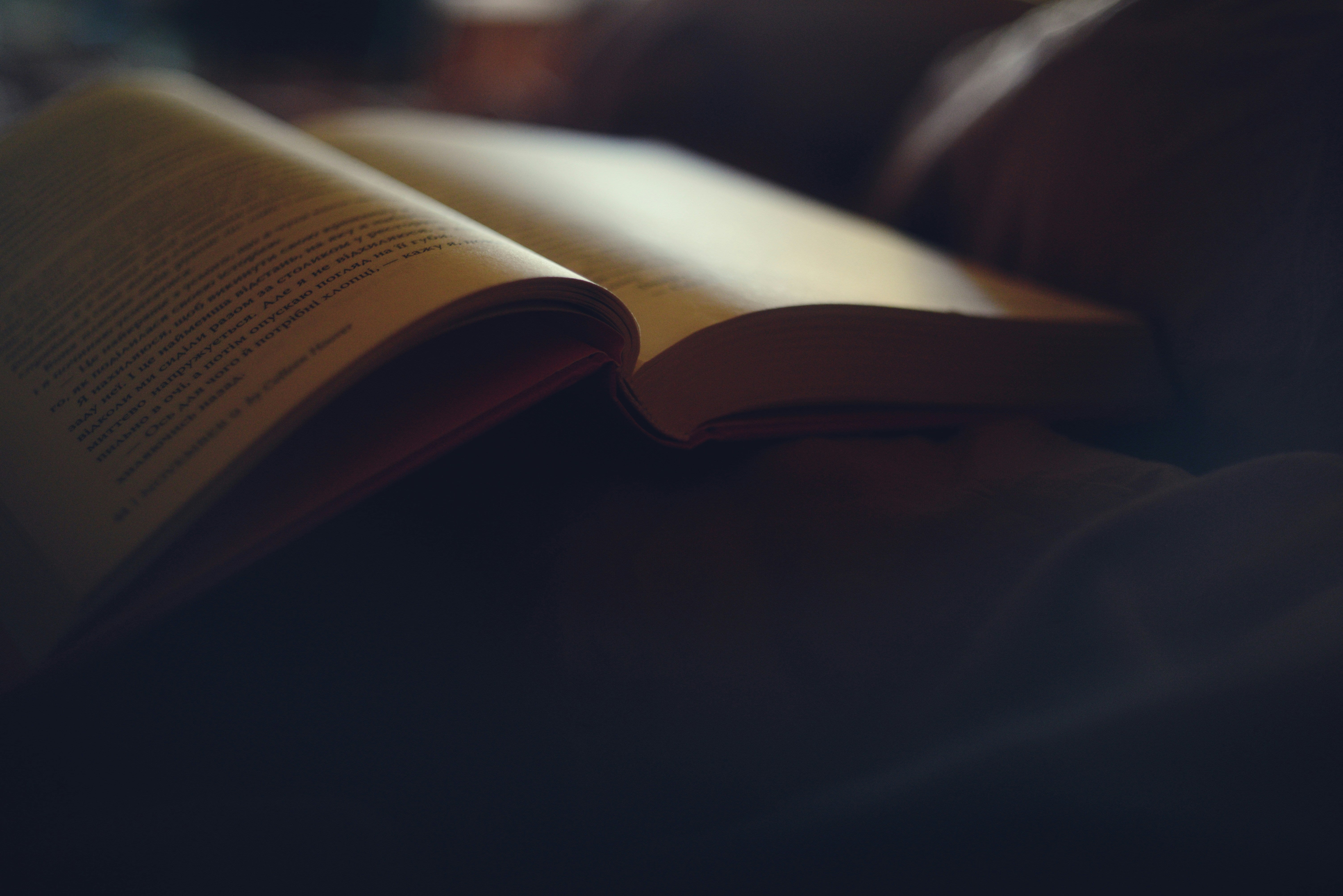 Livre ouvert illuminé par une douce lumière, ambiance élégante et contemplative